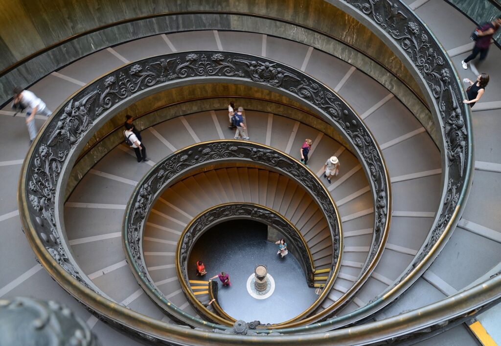 The spiral Bramante staircase in the Vatican Museums seen from above