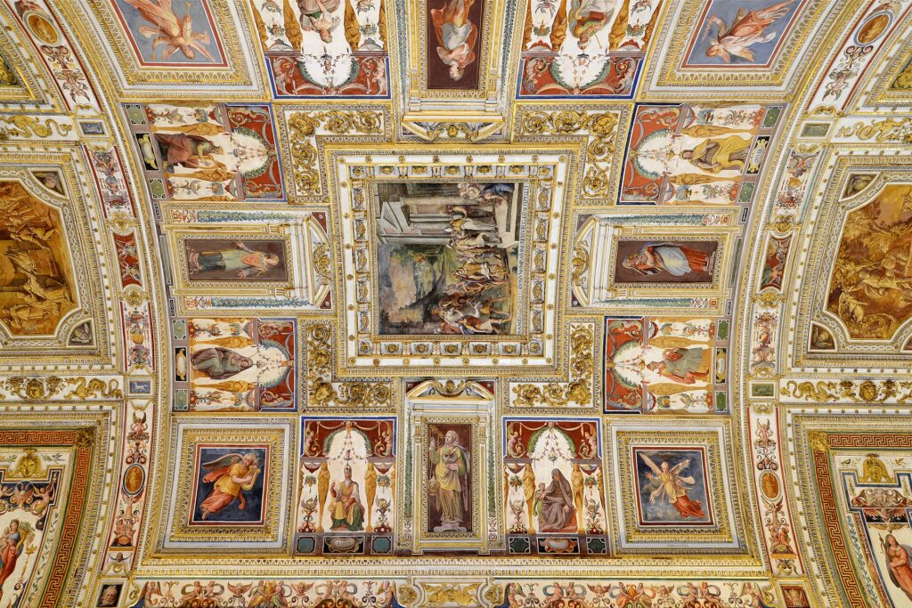 Gilded and frescoed ceiling of the Gallery of Maps in the Vatican Museums