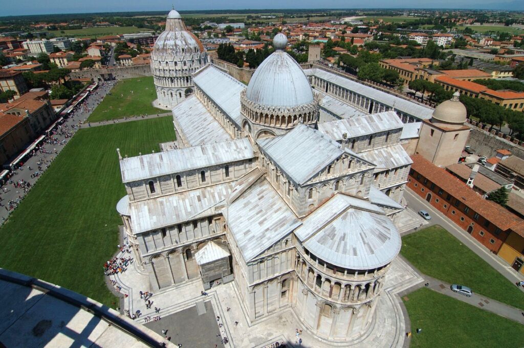 Pisa Cathedral and Baptistery seen from the top of the Leaning Tower of Pisa