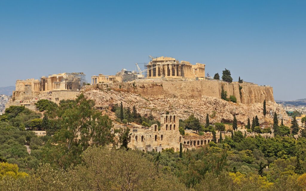 De Akropolis van Athene met het Parthenon, gezien vanaf de Filopappos-heuvel