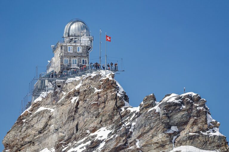 Het Sphinx-observatorium op de rotstop van Jungfraujoch onder een blauwe lucht