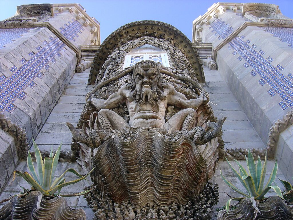 The Triton sculpture above the archway at Pena Palace, Sintra