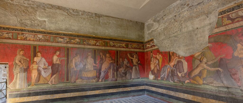 Red frescoes in the Villa of the Mysteries at Pompeii