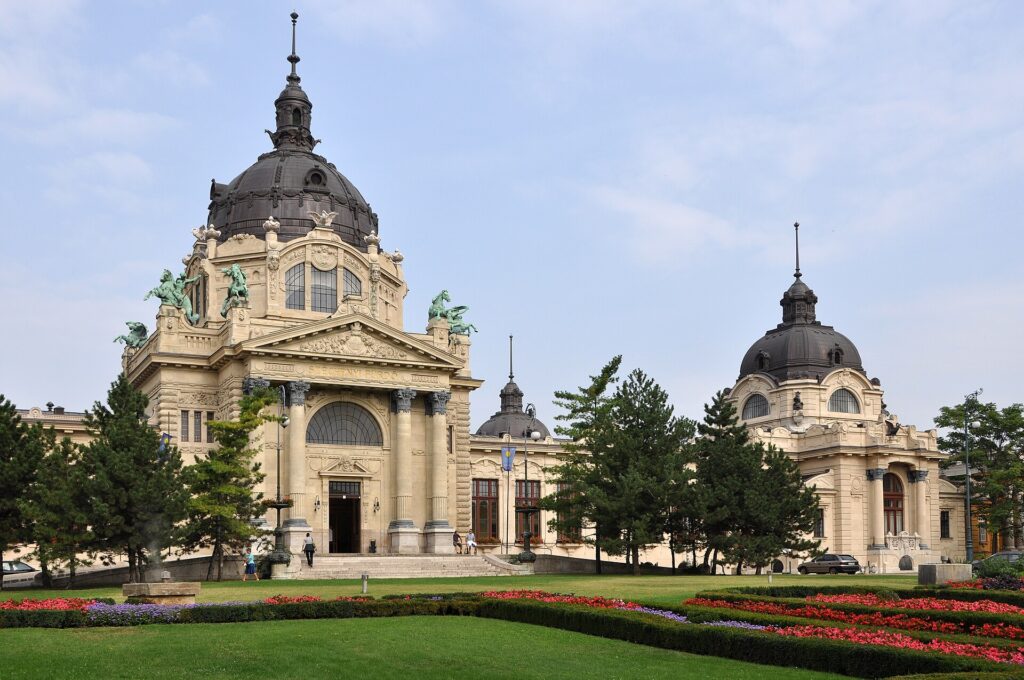 Domed main building of the Széchenyi Thermal Bath in City Park, Budapest