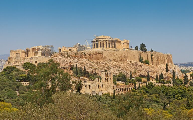 The Acropolis of Athens with the Parthenon on top, seen from Philopappos Hill