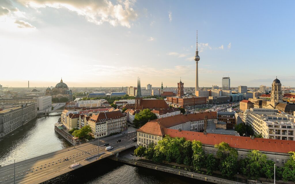 The Berlin TV Tower rising above Berlin-Mitte, the Spree and Berlin Cathedral