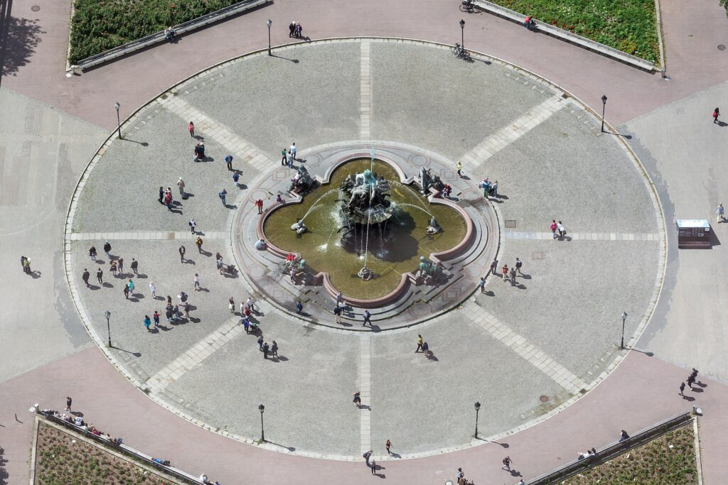 The Neptune Fountain seen from the Berlin TV Tower observation deck