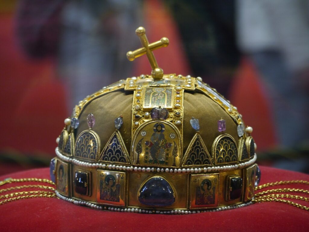 The Holy Crown of Hungary on display in the Dome Hall of the Hungarian Parliament