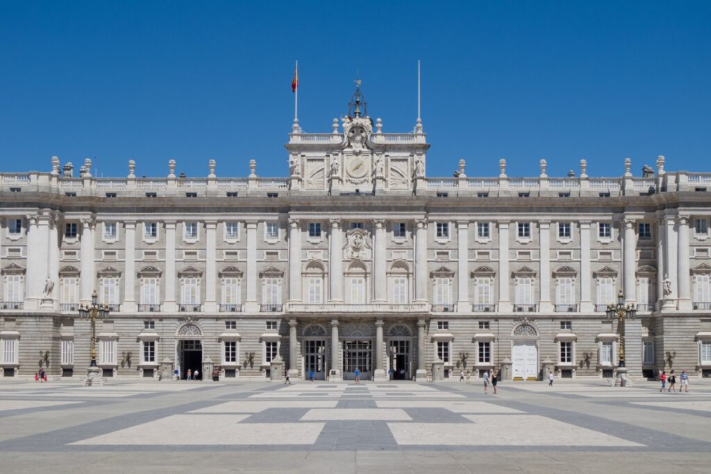 South façade of the Royal Palace of Madrid seen from the Plaza de la Armería