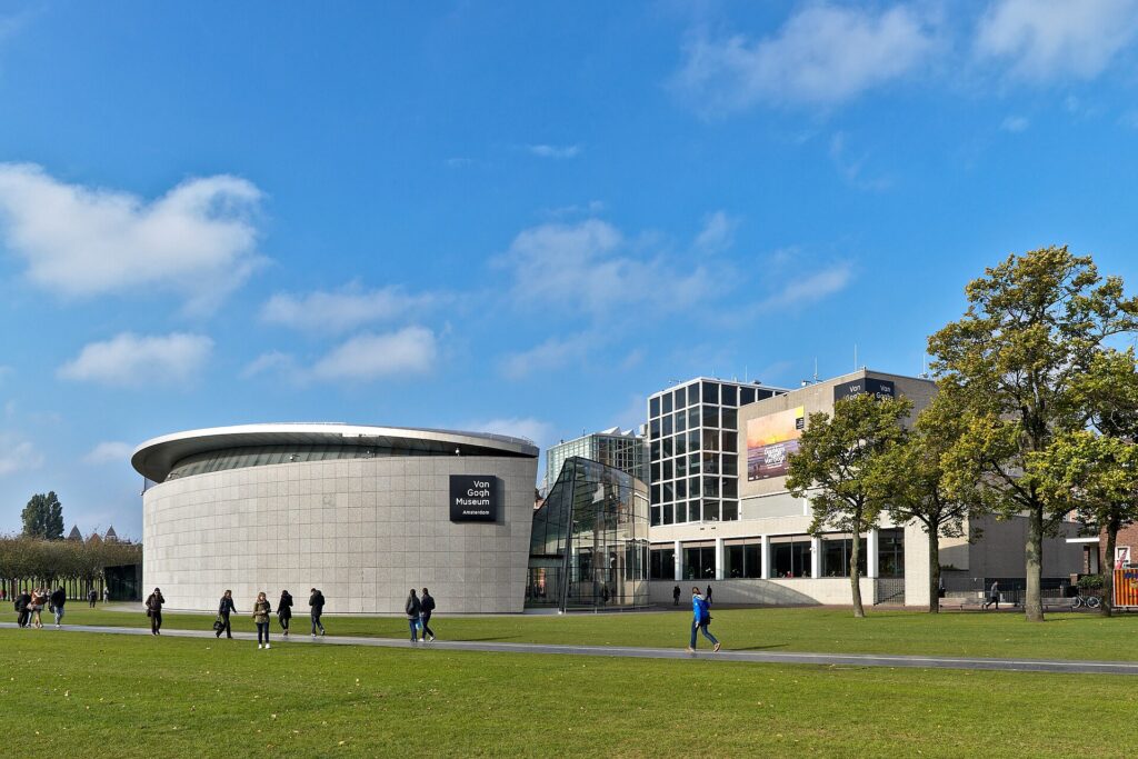 The Van Gogh Museum and its oval exhibition wing on Museumplein in Amsterdam