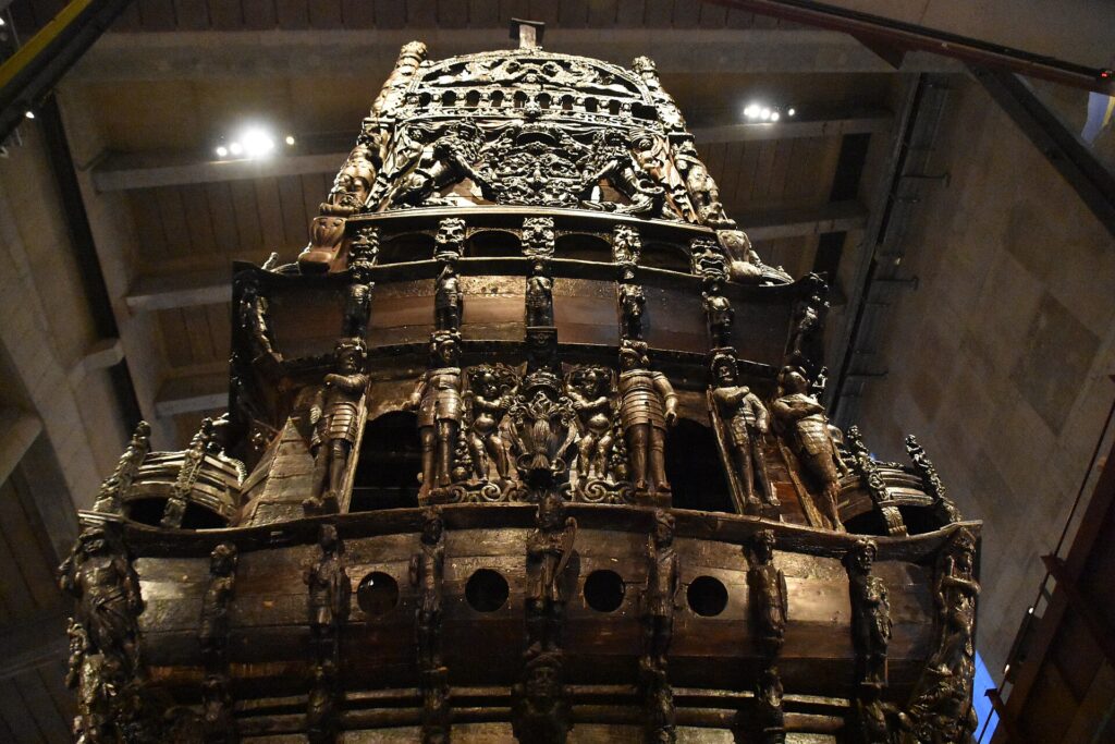 Carved sterncastle of the Vasa warship with sculptures and the Vasa coat of arms, Vasa Museum Stockholm
