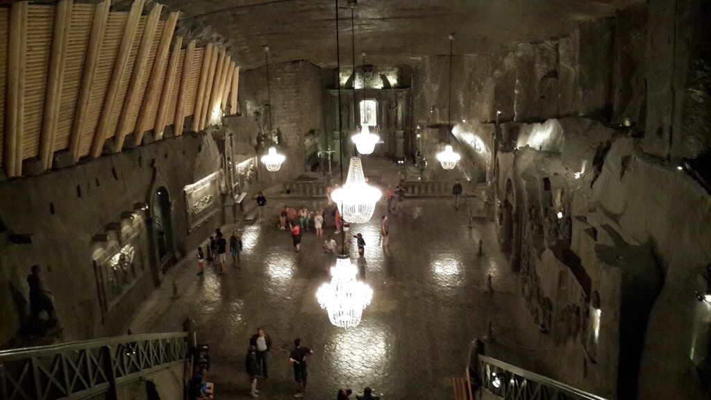 St Kinga's Chapel with salt chandeliers deep inside the Wieliczka Salt Mine near Kraków