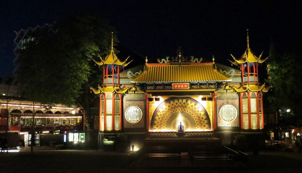 The illuminated Chinese-style Pantomime Theatre at Tivoli Gardens in Copenhagen at night