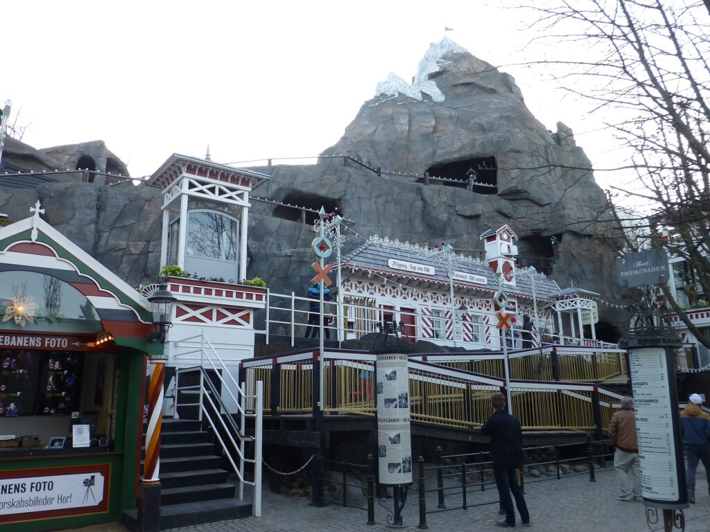 Station and artificial mountain of the 1914 wooden Roller Coaster (Rutschebanen) in Tivoli Gardens