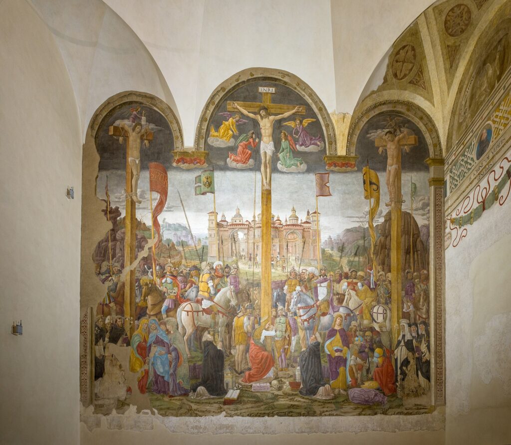 Montorfanos Kreuzigungsfresko gegenüber dem Letzten Abendmahl im Refektorium von Santa Maria delle Grazie