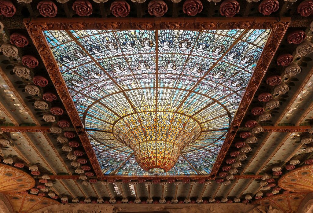 Stained-glass skylight in the ceiling of the concert hall of the Palau de la Música Catalana