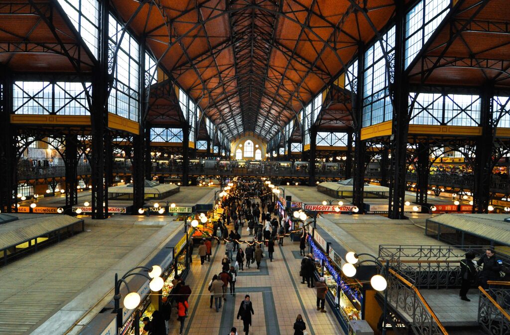 Interior of the Great Market Hall in Budapest seen from the upper gallery