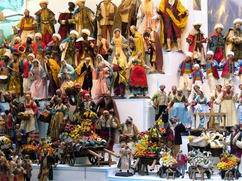 Handmade nativity figurines on a stall in Via San Gregorio Armeno, Naples