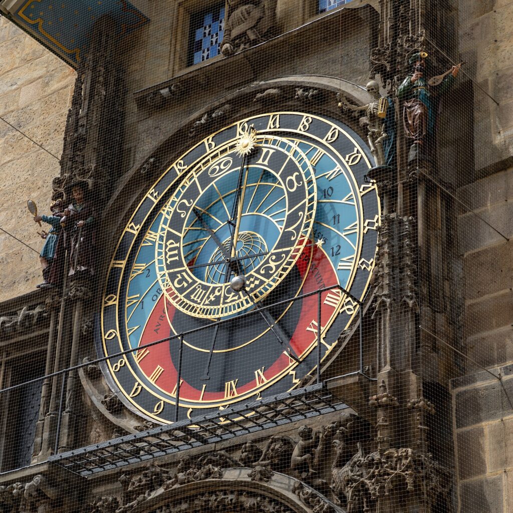 Close-up of the medieval Astronomical Clock on the Old Town Hall in Prague