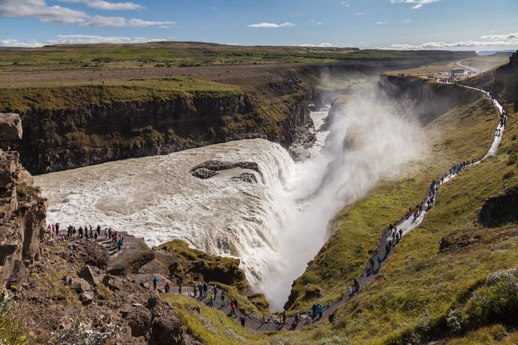 Gullfoss waterfall plunging into its canyon on the Golden Circle route in Iceland