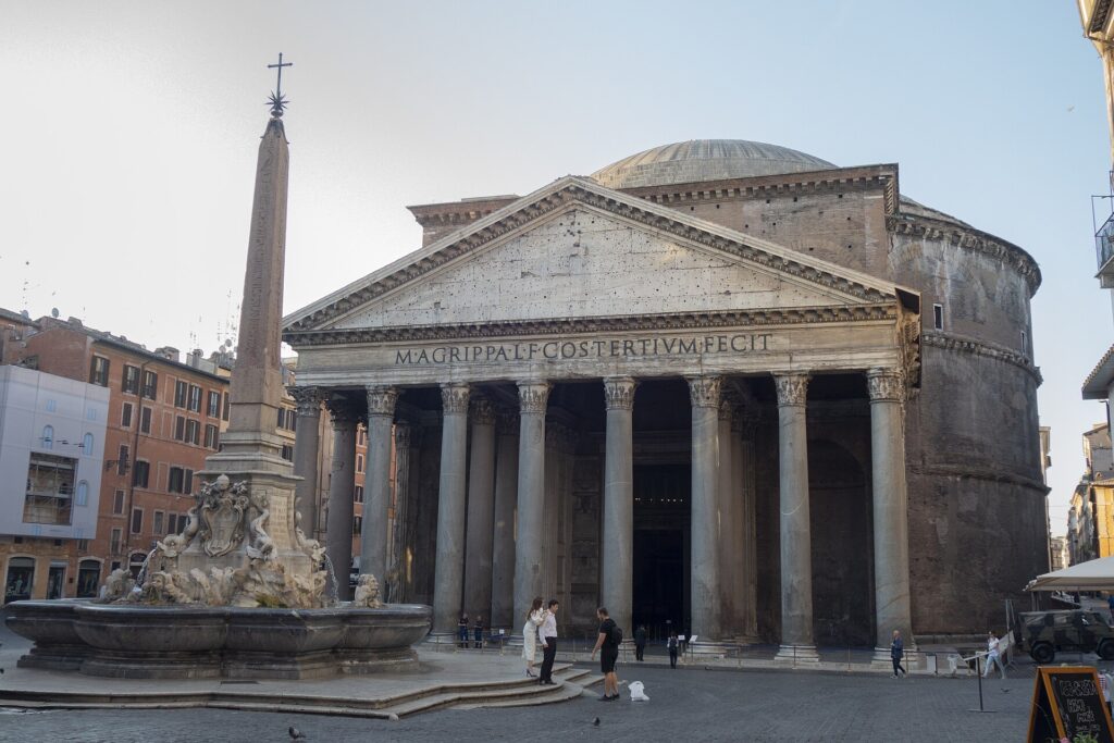 The Pantheon's columned portico and the fountain on Piazza della Rotonda in Rome