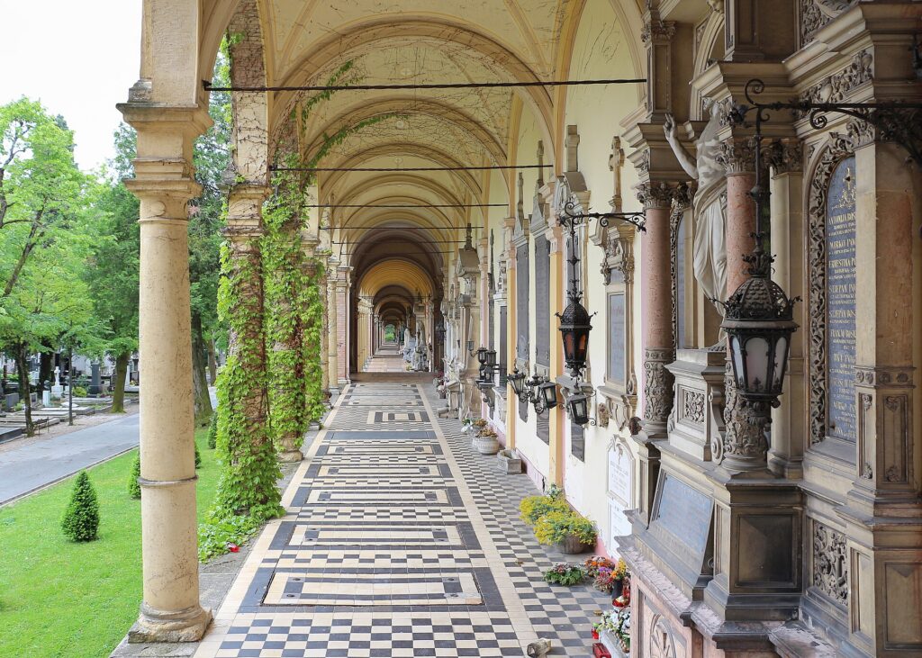 Ivy-covered arcades at Mirogoj Cemetery in Zagreb