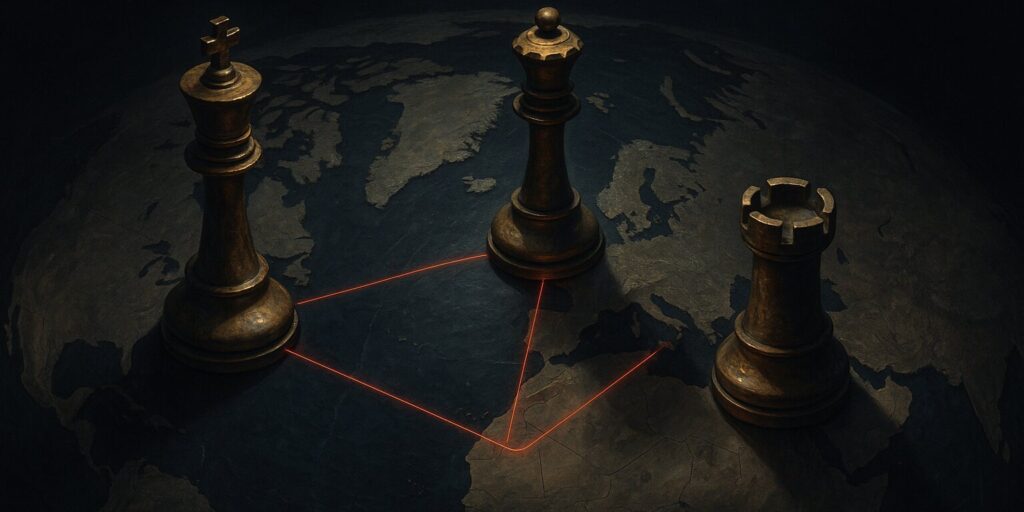 Bronze chess pieces standing on North America, Europe and Asia on a dark world map, linked by red lines of tension